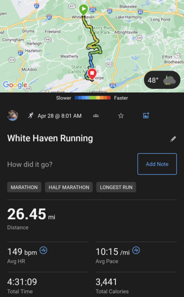 Marathon course map through Lehigh valley gorge. 4:31:09
