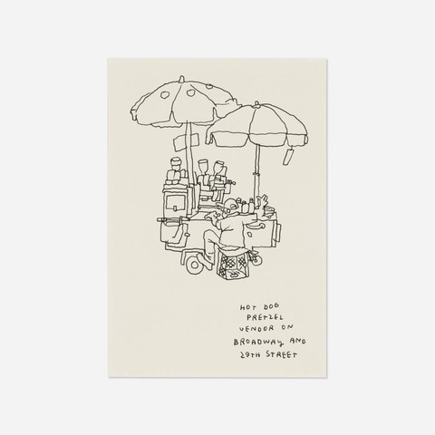 A black ink on yellowed paper drawing by Jason of a hot dog and pretzel vendor Broadway and 29th Street.