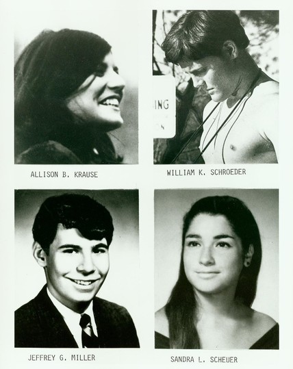 Four black-and-white photos of the students who were killed that day: Allison Krause, William Schroeder, Jeffrey Miller, and Sandra Scheuer.