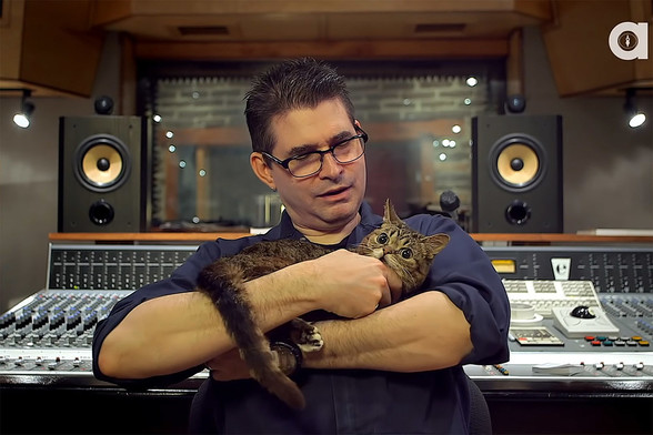 A color photo of Steve Albini wearing his trademark blue collar work shirt cuddling with the internet-famous cat Lil Bub in front of a soundboard at Electrical Audio recording studio.