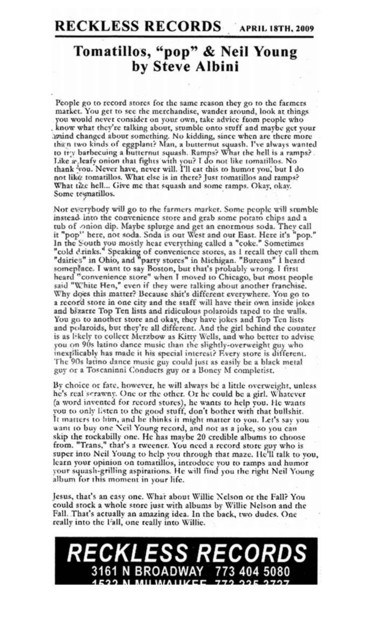 I’m so sorry but this essay is too long for alt text, but here’s the first paragraph:

“People go to record stores for the same reason they go to the farmers market. You get to see the merchandise, wander around, look at things you would never consider on your own, take advice from people who know what they’re talking about, stumble onto stuff, and maybe get your mind changed about something. No kidding, since when are there more than two kinds of eggplant? Man, a butternut squash. I’ve always …