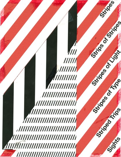 A color poster advertising her fall, 2023 exhibition at SFMOMA called “Strips of Stripes”, a dynamic site-specific commission. There are bright red diagonal lines, black-and-white angled patterns, and use of large type set in her favorite, Helvetica.