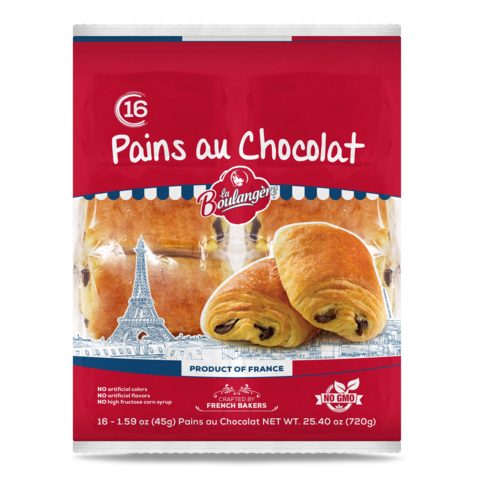 A package of La Boulangere Pains Au Chocolat croissants. I picked up some of these at Costco and I won't be staying light.