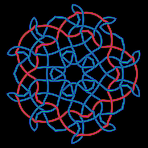un entrelacs bleu et rouge sur fond noir, très géométrique et régulier