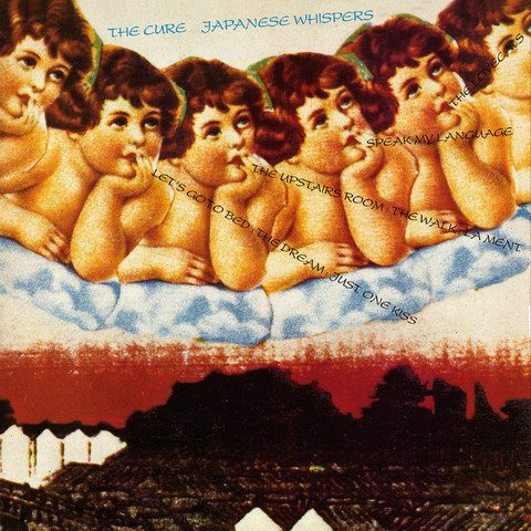 features what appears to be 6 topless toddler girls, probably from an advert from the 1920s, looking cherubic, while resting on a cloud, and staring out into space. Below the firmament is farmland, a forest, and houses against a red sky at sunset.