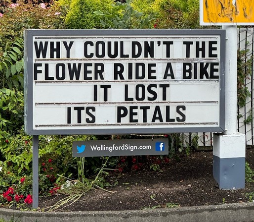 A sign reading “Why couldn’t the flower ride a bike? It lost its petals”
