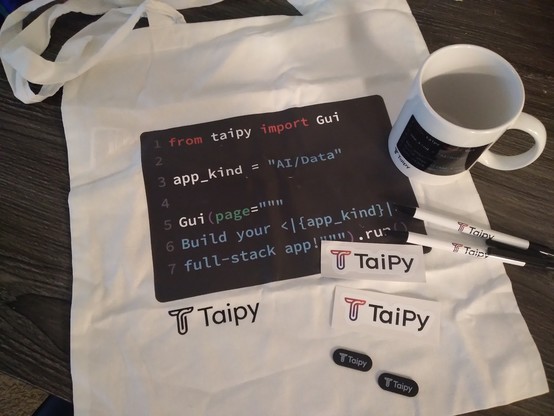 Taipy goodies(toat bag, mag cup, pens, and stickers)