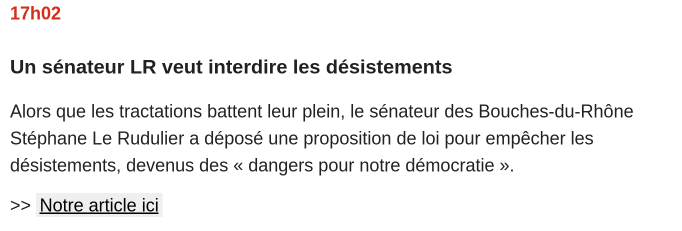 Un sénateur LR veut interdire les désistements

Alors que les tractations battent leur plein, le sénateur des Bouches-du-Rhône Stéphane Le Rudulier a déposé une proposition de loi pour empêcher les désistements, devenus des « dangers pour notre démocratie ».