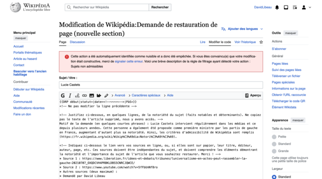 Capture d'écran de Wikipédia avec une erreur sur la demande de restauration de page.
