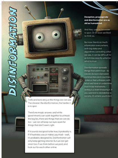 part of a booklet put out by NATO talking about propaganda and disinformation 

showing a robot with a TV screen face 