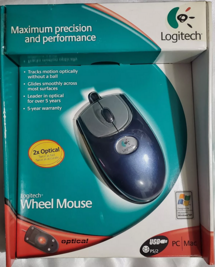 Blue and silver logitech optical wheel mouse, new in box, model 930495-0403 (released ~2001)