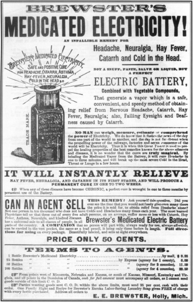 A vintage ad for Brewsters Medicated Electricity, consisting of about 500 words describing what is apparently a bottle of vegetable juice with a battery in it? Well now I want one.

(img via https://www.flickr.com/photos/dansdata/3477700642)