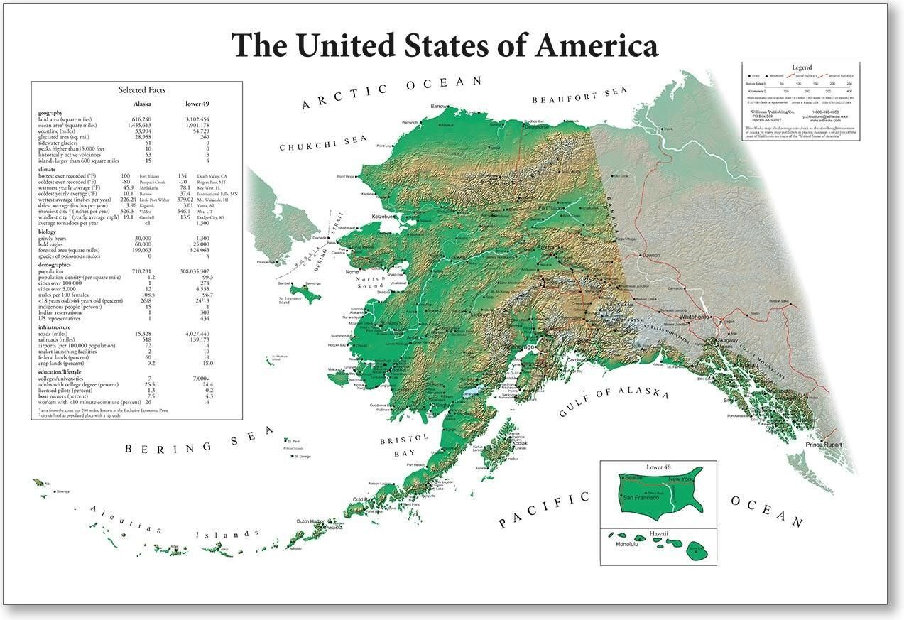 Map of Alaska, with a small lumpy inset picture of the contiguous 48 states.