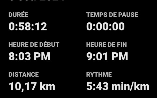 Score de course : 
Durée : 58:12
Distance : 10,17 km
Rythme : 5:43 min/km
