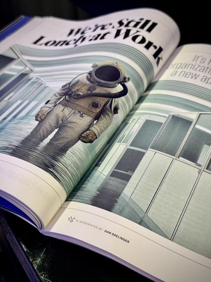 An AI-generated image from an article in HBR of an astronaut standing in water. The caption reads "AI generated by Dan Saelinger"