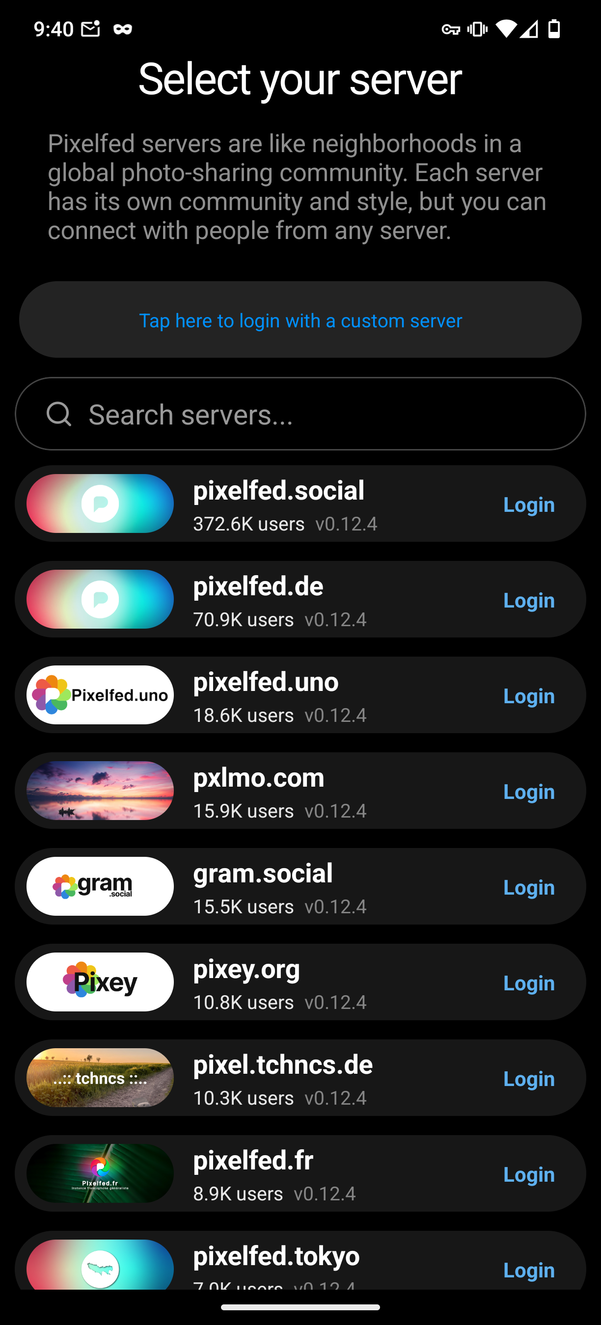 The select "other" custom server screen. There is a button titled "Tap here to login with a custom server" followed by a search able list of servers with their banners next to them.