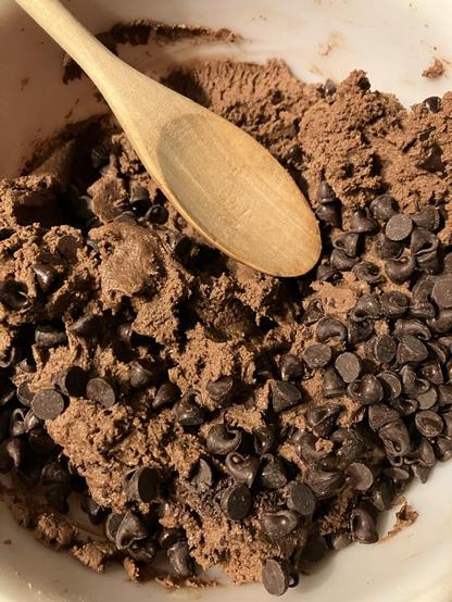 I’m mixing 2 cups of chocolate chips into cookie dough that also contains 2 cups of Nutella, 2 cups of sugar, 2 sticks of butter, 2 eggs, and some other health food in it 