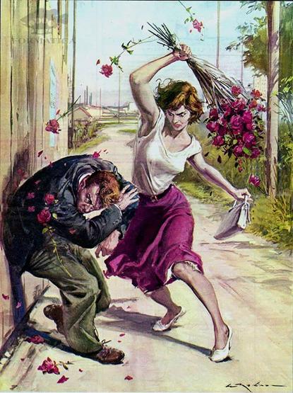 A woman violently hitting a man with a dozen purple roses!