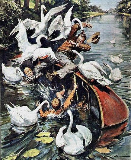 A family in an upturned row boat being attacked by geese!