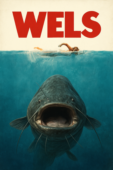 The movie poster depicts a large catfish, known as a Wels, prominently displayed in the foreground. The fish is shown with its mouth wide open, showcasing its large, toothy interior. Its body is dark gray with a textured, mottled appearance, and it has long, thin barbels extending from its chin. The Wels is swimming in a deep blue underwater environment, with the water's surface visible at the top of the image.

Above the fish, the word "WELS" is written in bold, red capital letters, occupying …