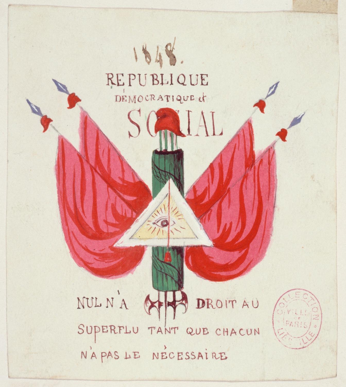 Illustration à la plume et encre sur papier jauni.
Au centre figure un faisceau de licteur d'où émergent deux haches par le bas, et au sommet duquel est posé bonnet phrygien.
Sur les côtés, quatre drapeaux rouges pendent de quatre hampes à pointe de lance. Elles se joignent à leur base où figure un triangle dans lequel brille un œil sur fond jaune.
En haut est écrit "1848 République démocratique et social".
En pied est inscrit: "Nul n'a droit au superflu tant que chacun n'a pas le nécessaire".