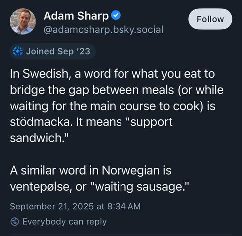 In Swedish, a word for what you eat to bridge the gap between meals (or while waiting for the main course to cook) is stödmacka. It means “support sandwich.”

A similar word in Norwegian is ventepølse, or “waiting sausage.”