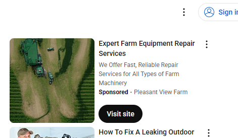 A sponsored ad on the YouTube recommended videos panel. It says "Expert Farm Equipment Repair Services" but the preview appears as a 1990s-BBS-GIF-quality topless lady with her ta-tas on display.