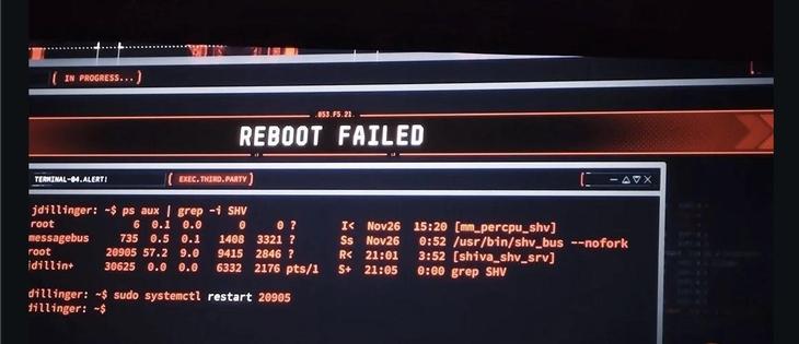 Output of a Linux(?) console in a typical MovieOS. The user jdillinger first uses “ps aux | grep -i SHV” to look at running processes and then runs “sudo systemctl restart 20905”