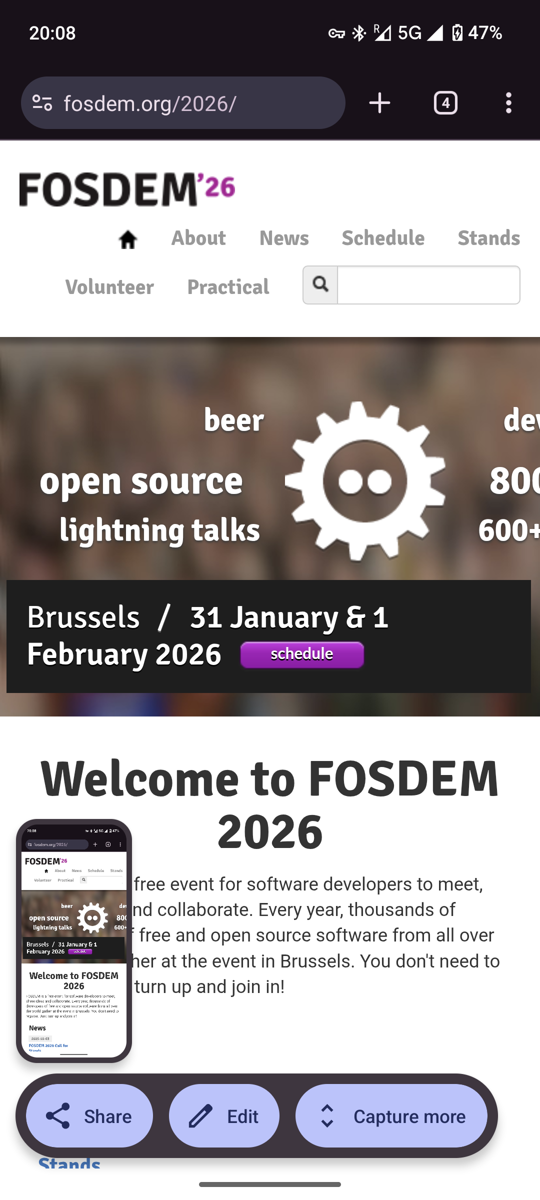 Screenshot of fosdem website from mobile. Cut off text includes "de...", "80", "600+"