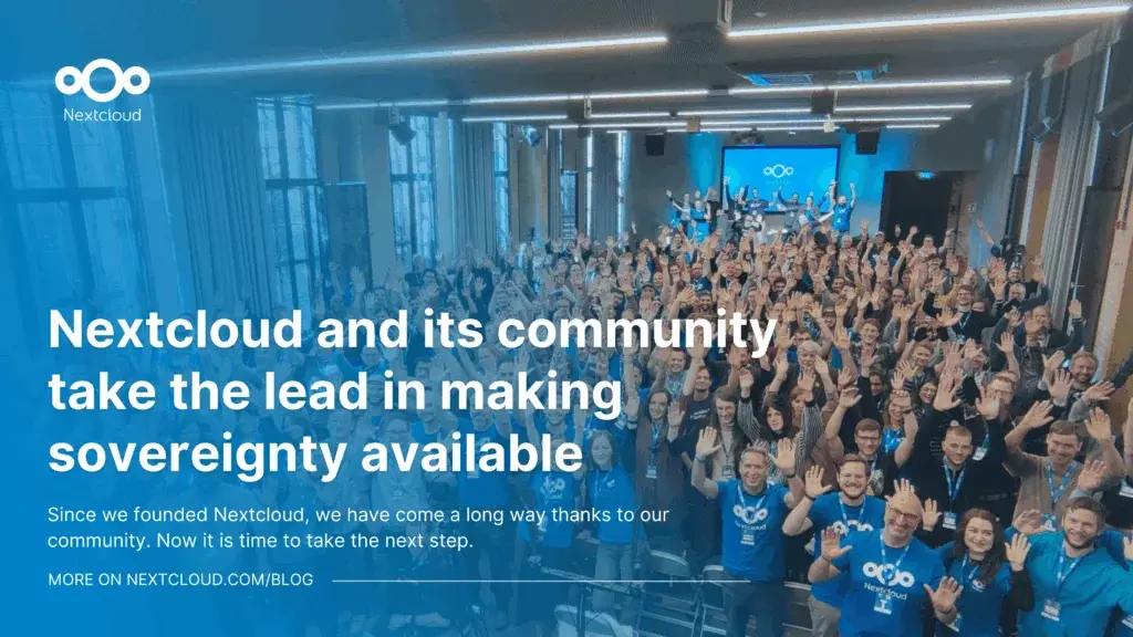 Featured image for the blog post "Nextcloud and its community take the lead in making sovereignty available" showing a group picture of the community taken at the Nextcloud Community Conference 2025 in Berlin, Germany.