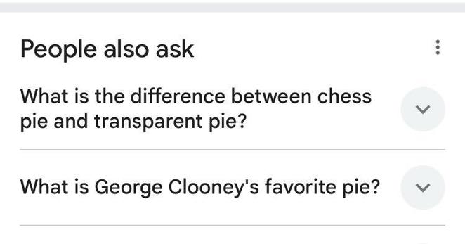 I searched Google for a chess pie recipe and among the results was this:

People also ask
What is the difference between chess pie and transparent pie?
What is George Clooney's favorite pie?