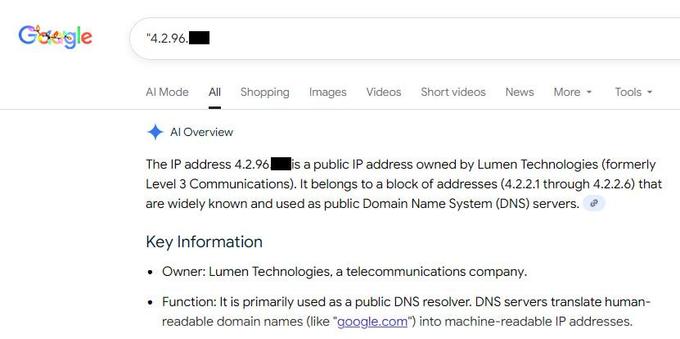 A Google search results page for an IP address in 4.2.96.0/24. Google's extremely artificial and totally unintelligent "ai" overview claims that IP somehow falls within 4.2.2.1 - 4.2.2.6 and is one of the level3 DNS servers. All wrong.