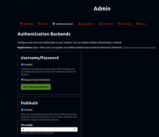The Administration page of flohmarkt, with the new FediAuth section underneath the Username/Password section and an “enabled” checkbox