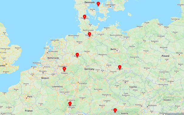 map of flohmarkt instances with markers all over Germany, Austria and Denmark