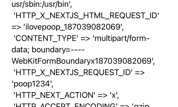 A probe for what is likely react2shell (CVE-2025-55182) where the scanner has put “ilovepoop” into the payload 