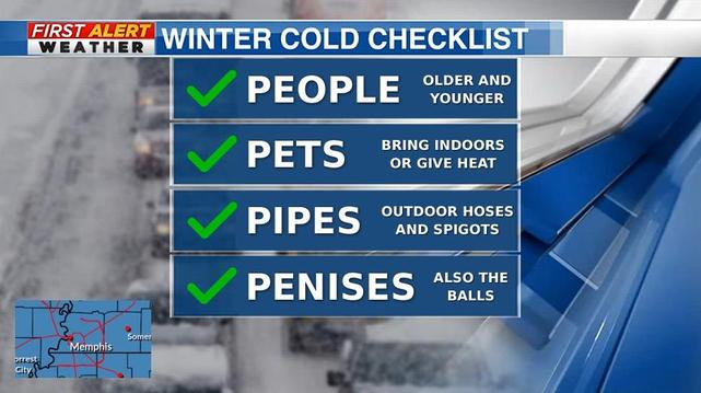 An old TV weather graphic prepared by WMC Action News 5 in Memphis, TN titled "Winter Cold Checklist." It lists People, Pets, and Pipes as things to keep warm during cold weather. There was a 4th item listed which is unknown but has been edited to say "Penises" because you gotta keep those warm too.