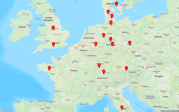 map of mainland europe & the UK with a good amount of flohmarkt instances spread over it