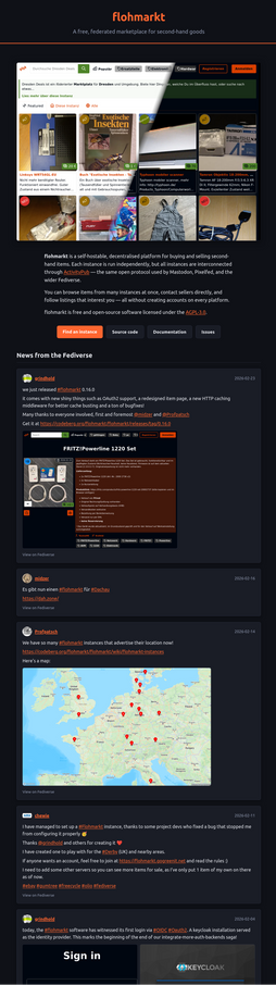 A preview of a possible flohmarkt website, with a description of the project and a timeline of fediverse toots regarding the project