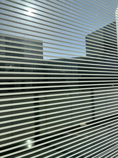 Looking out through a hospital window with painted slats to cut down on the glare from the sun.