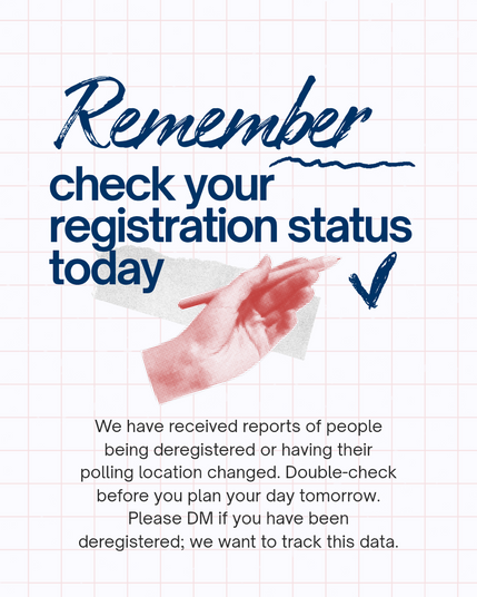 Remember
check your registration status
today
We have received reports of people being deregistered or having their polling location changed. Double-check before you plan your day tomorrow.
