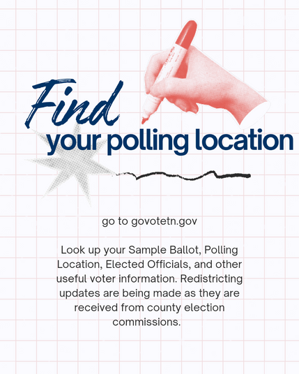 Find
your polling location
go to govotetn.gov
Look up your Sample Ballot, Polling Location, Elected Officials, and other useful voter information. Redistricting updates are being made as they are received from county election commissions.