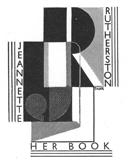 Bauhaus-y bookplate for Jeannette Rutherston with J and R caps.