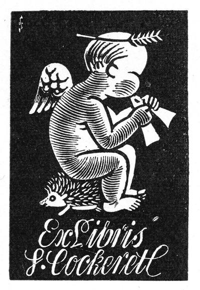 Why not a bookplate of a young child angel with wings sitting on a hedgehog while blowing a trumpet for J. Cockerett! Yes, that’ll do nicely.