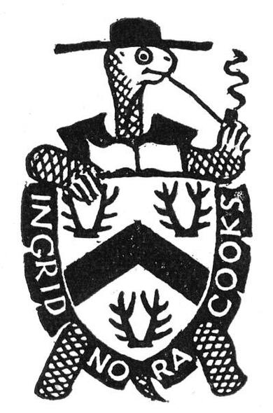 Here we see a bookplate for Ingrid Nora Cooks with the rare house tortoise wearing Colonial hat while smoking a long pipe. Its underbelly is the family crest.