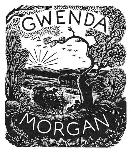 Bookplate for Gwenda Morgan with an idyllic scene of a young person lounging under a giant tree while a slave leads a donkey pulling a cart full of veg from the farm.