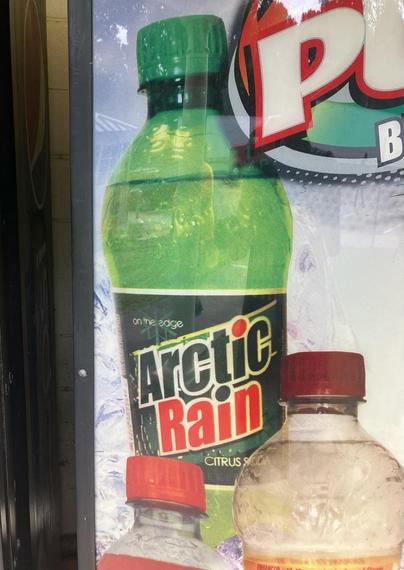A bottle of “Arctic Rain” soda in a vending machine on interstate 55 in Mississippi. At first glance you’d easily mistake it for Mountain Dew, the color scheme is the same as the real McCoy. 