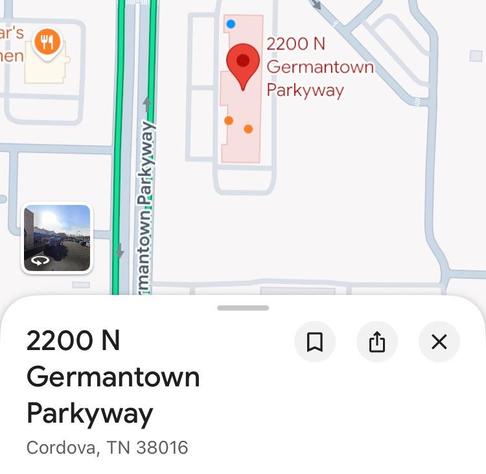 A screenshot from the Google Maps app. For some reason, all the references to “Germantown Parkway” in Memphis are spelled “Parkyway” instead