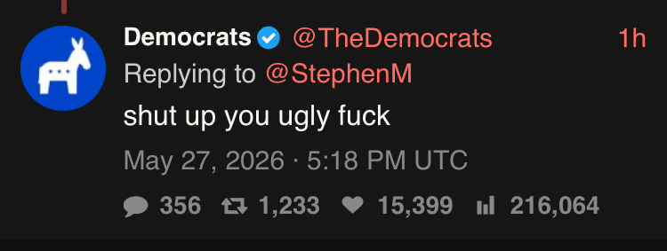 A tweet from @TheDemocrats replying to Stephen Miller. It says “shut up you ugly fuck”