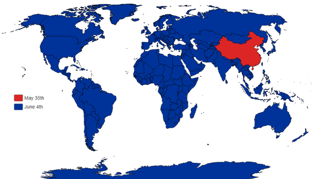 Map of the world. Every country is show colored blue, except for the People's Republic of China which is colored red. There's a legend that explains that blue stands for the date of June 4th, and red for the date of May 35th.