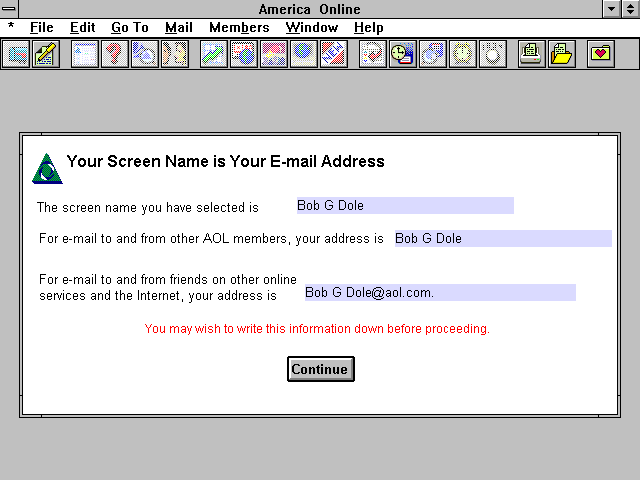 Screenshot from what looks like the Windows AOL 2.5 client software, in which I’m creating a new screen name, “Bob G Dole.” This would have been circa 1996, thirty freaking years ago.